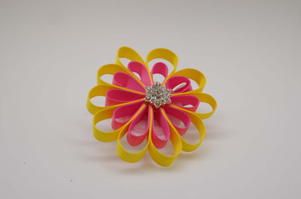 Small petal flower hair Bow with colors  Daffiadi Yellow, Hot Pink